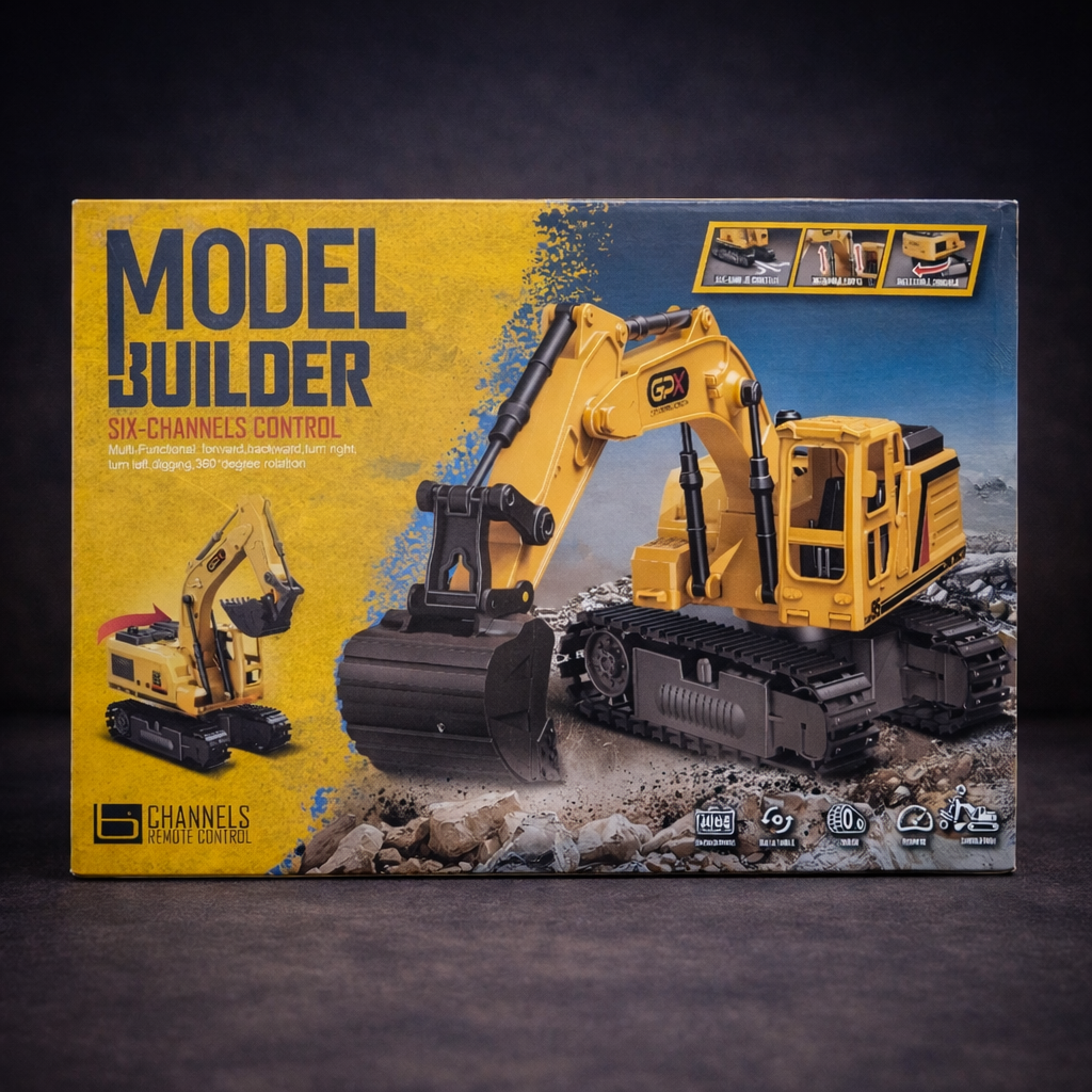 6 Channel Remote Control Excavator Toy – GX Model Builder RC Construction JCB Machine with 360° Rotation for Kids (3+ Years)