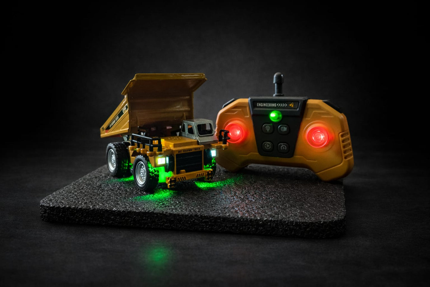 RC +App Control Engineering Dump Truck Toy for Kids | 2.4GHz Remote Control Construction Vehicle with Lights, Music & USB Rechargeable Battery