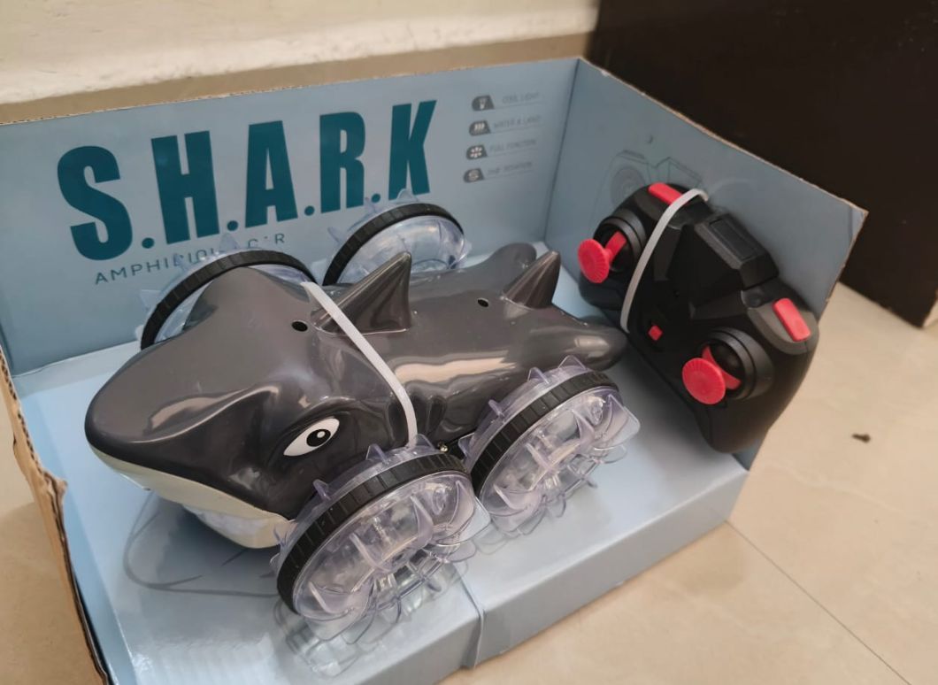RC Shark Amphibious Car Toy | Remote Control Shark Stunt Car for Water & Land with 360° Rotation & LED Lights