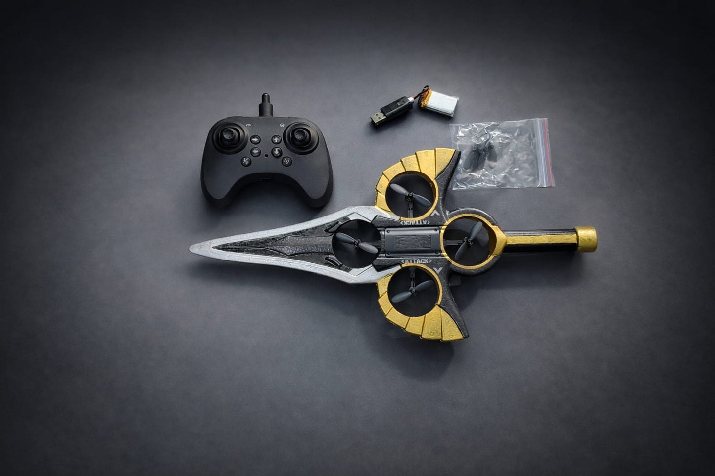 2.4GHz Remote Control Flying Sword Drone Toy with LED Lights & 360° Rolling Stunt |