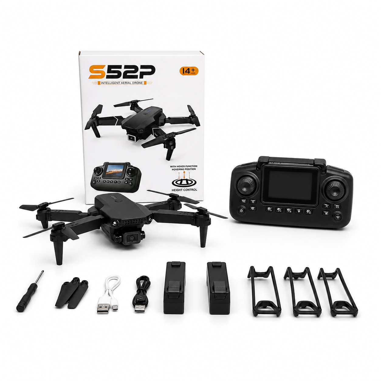 S52P Intelligent Aerial Drone with HD Camera, Display Remote Controller, Dual Battery, Foldable RC Quadcopter with Altitude Hold & 360° Flip