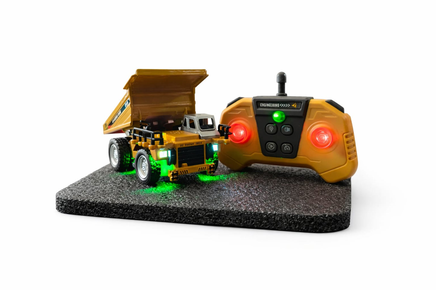 RC +App Control Engineering Dump Truck Toy for Kids | 2.4GHz Remote Control Construction Vehicle with Lights, Music & USB Rechargeable Battery