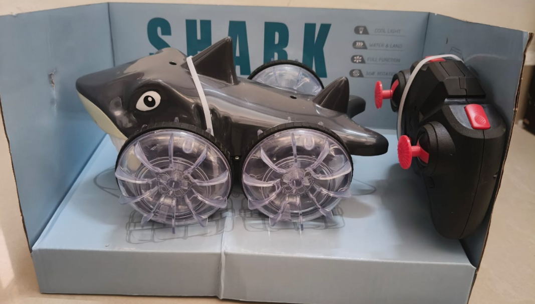 RC Shark Amphibious Car Toy | Remote Control Shark Stunt Car for Water & Land with 360° Rotation & LED Lights